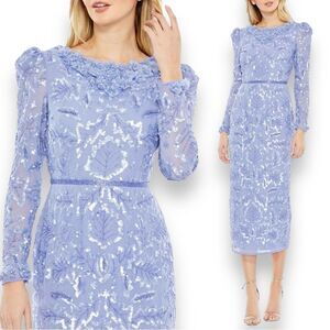 Mac Duggal Dress 10 Blue Embellished High Neck Puf Sleeve 3D Floral Modest 93595